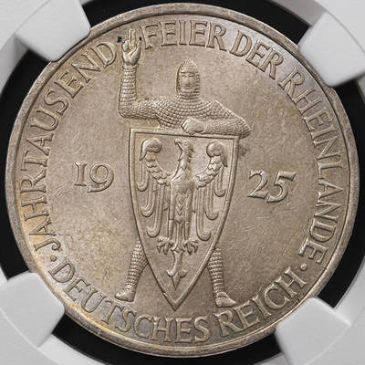 修遠堂世界钱币第八十七期 - NGC MS63 1915年德国魏玛共和国-莱茵兰千年纪念5马克大银币 E厂铭 淡彩