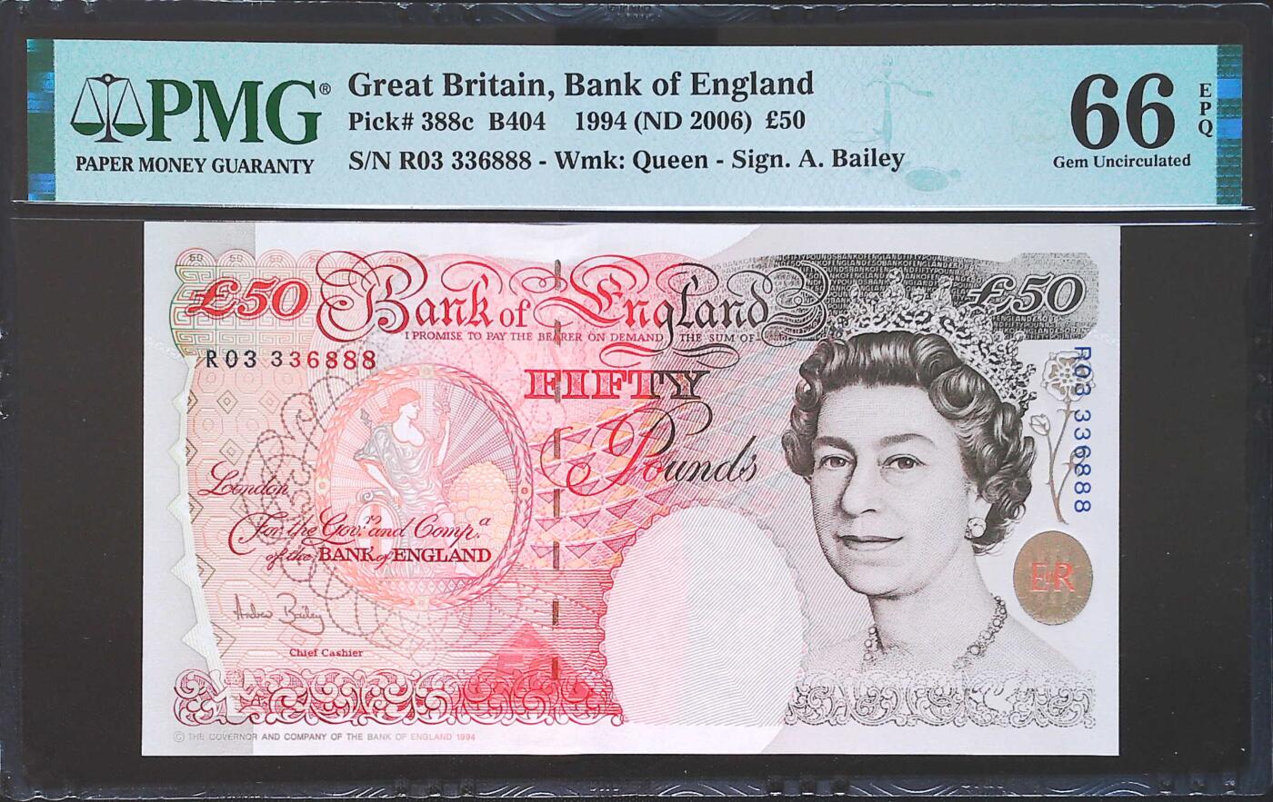 世界靓号纸钞第七十五期 1994年英国英格兰银行50镑 全程无47 豹子号888 PMG66