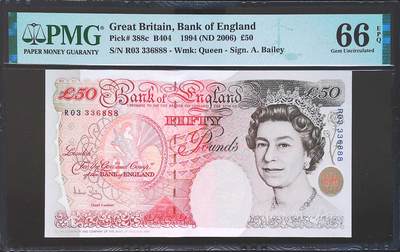 世界靓号纸钞第七十五期 - 1994年英国英格兰银行50镑 全程无47 豹子号888 PMG66