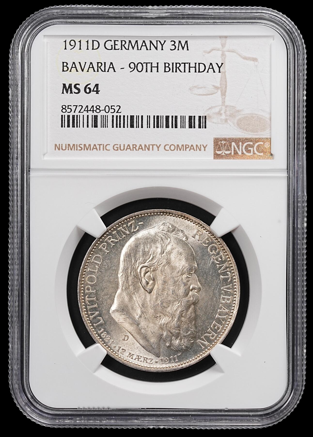 修遠堂世界钱币第八十七期 NGC MS64 1911年巴伐利亚摄政王90大寿纪念3马克银币