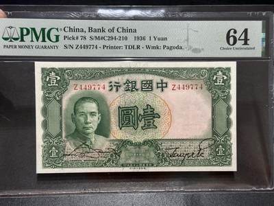 《外钞收藏家》第五百七十二期（畅拍场）（本平台长期征集拍品、欢迎藏友们联系合作） - 1936年民国中央银行壹元 PMG64
