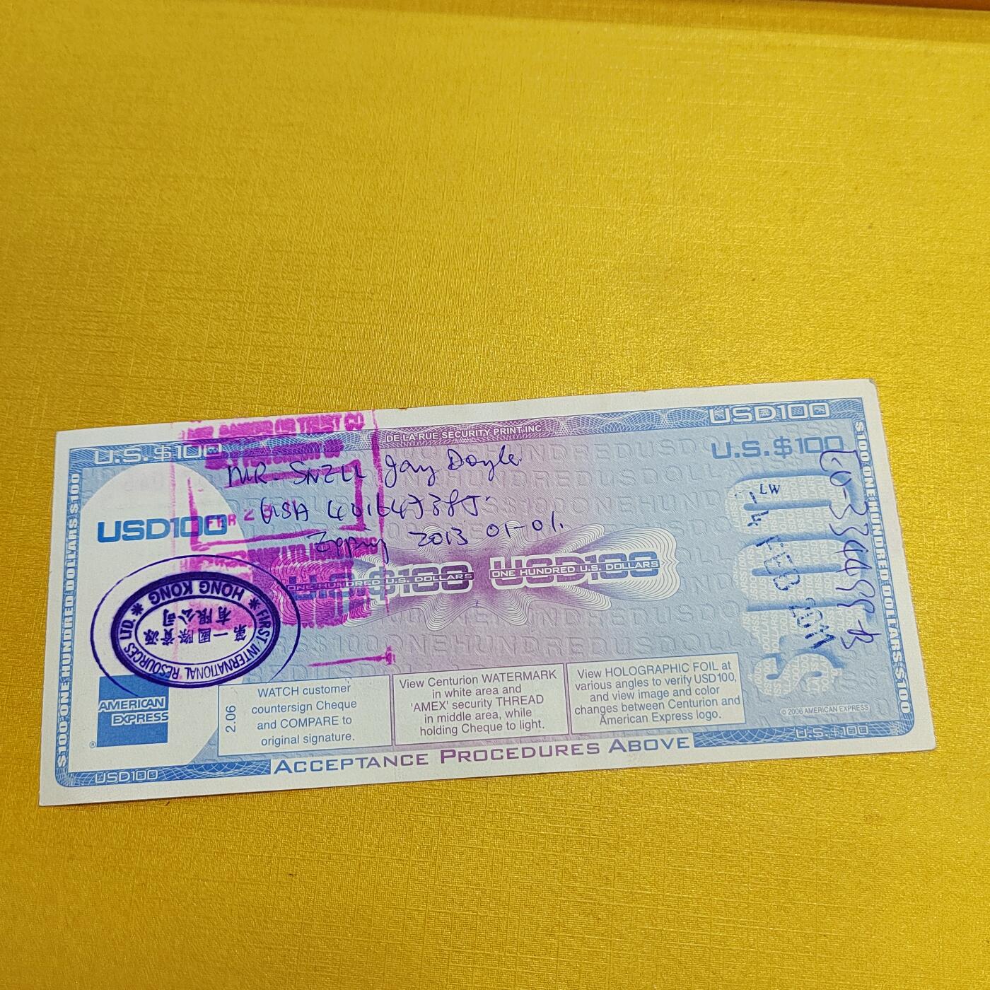 PCAI钱币4-536   纸币小专场 美金旅行支票壹佰