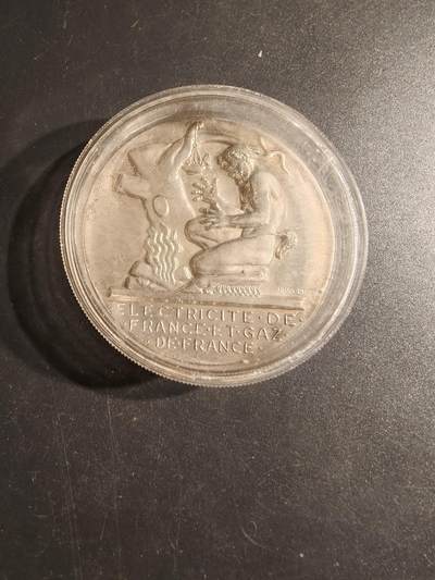 老王徽章第153期 - 法国电气公司服务30周年镀银大铜章    直径54mm.  重量75.4g
