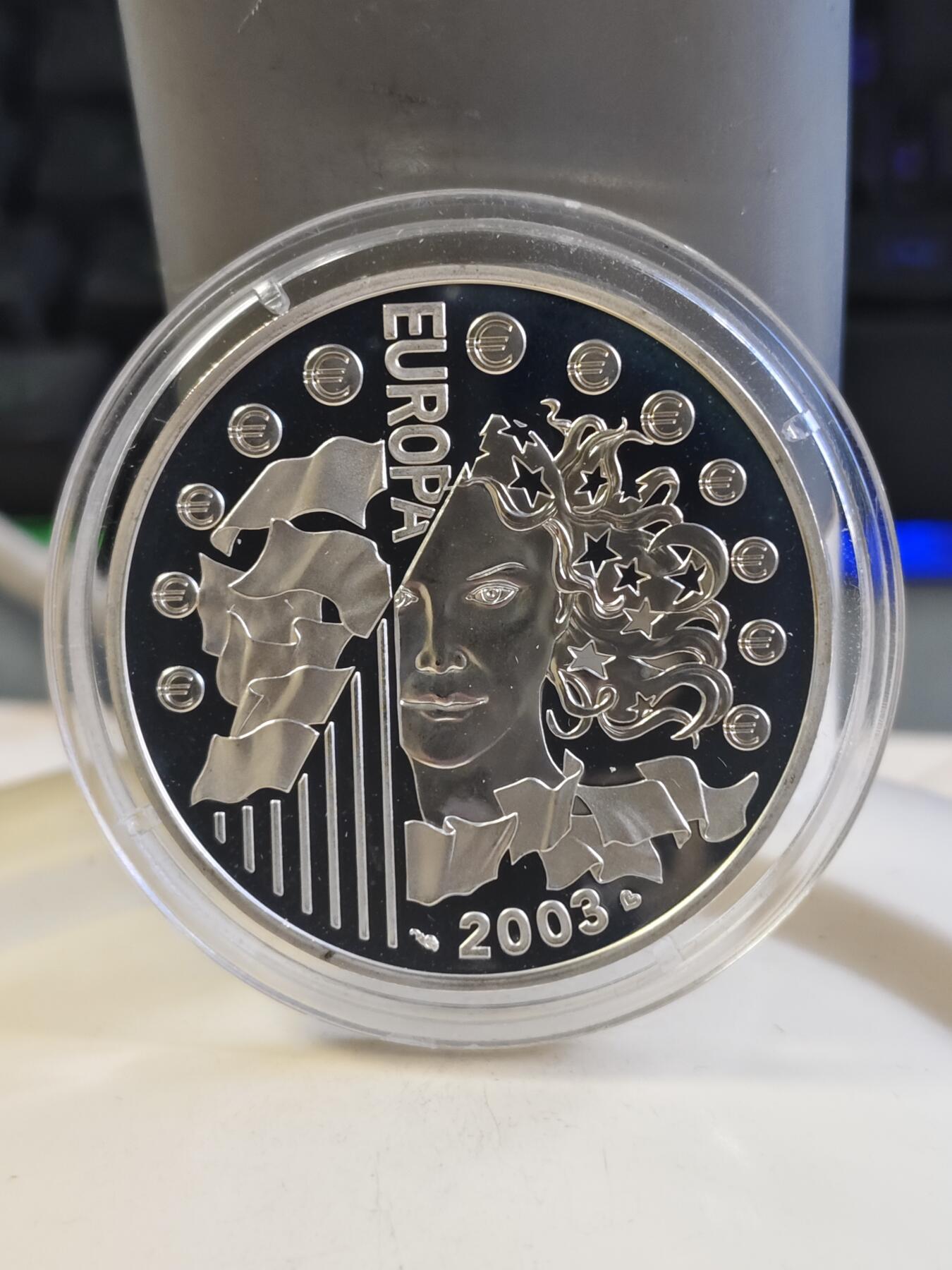 第177期拍卖【长期征集拍品】 法国2003年纪念欧元发行精制币带证书，900银，22.2克，有氧化