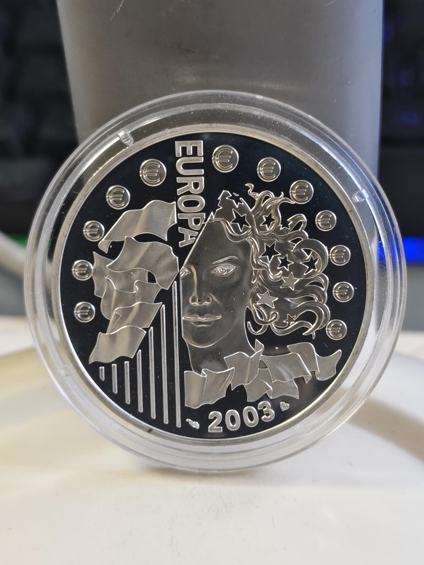 第177期拍卖【长期征集拍品】 法国2003年纪念欧元发行精制币带证书，900银，22.2克，有氧化