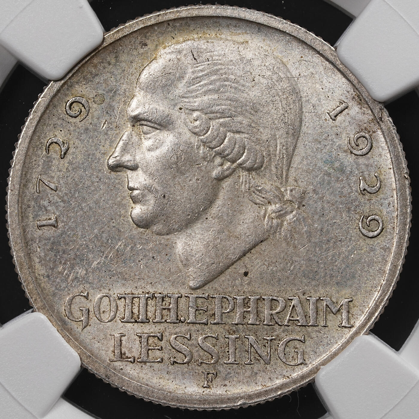 修遠堂世界钱币第八十七期 NGC MS62 1929年德国魏玛共和国-莱辛诞辰200周年纪念3马克银币 F厂铭 仅铸造4万枚