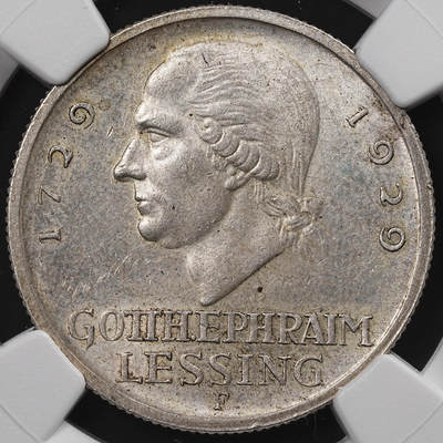 修遠堂世界钱币第八十七期 - NGC MS62 1929年德国魏玛共和国-莱辛诞辰200周年纪念3马克银币 F厂铭 仅铸造4万枚