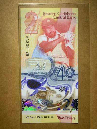 【礼羽收藏】🌏世界钱币拍卖第109期 - 【AA830128】全新UNC 2023年东加勒比2面值塑料纪念钞 AA首发冠 无47尾128 永恒号