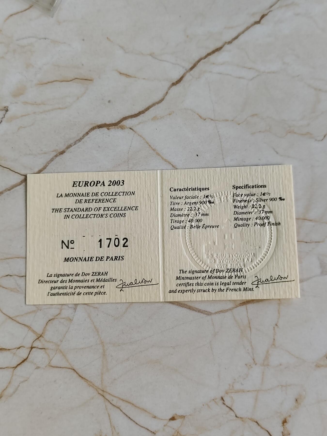 第177期拍卖【长期征集拍品】 法国2003年纪念欧元发行精制币带证书，900银，22.2克，有氧化
