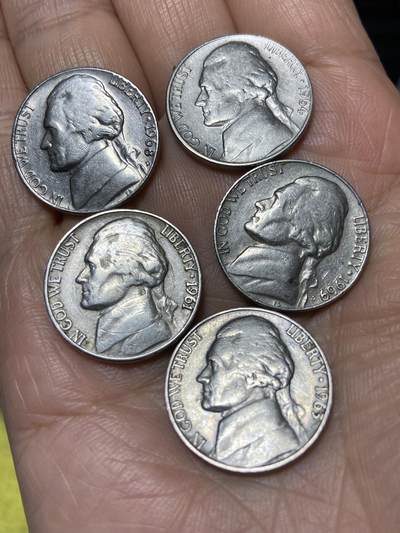 2025年第九十九场(总第一百二十五场）外国好品散币(免佣金) - 美国🇺🇸5分5枚：1961年63年64年68年69年