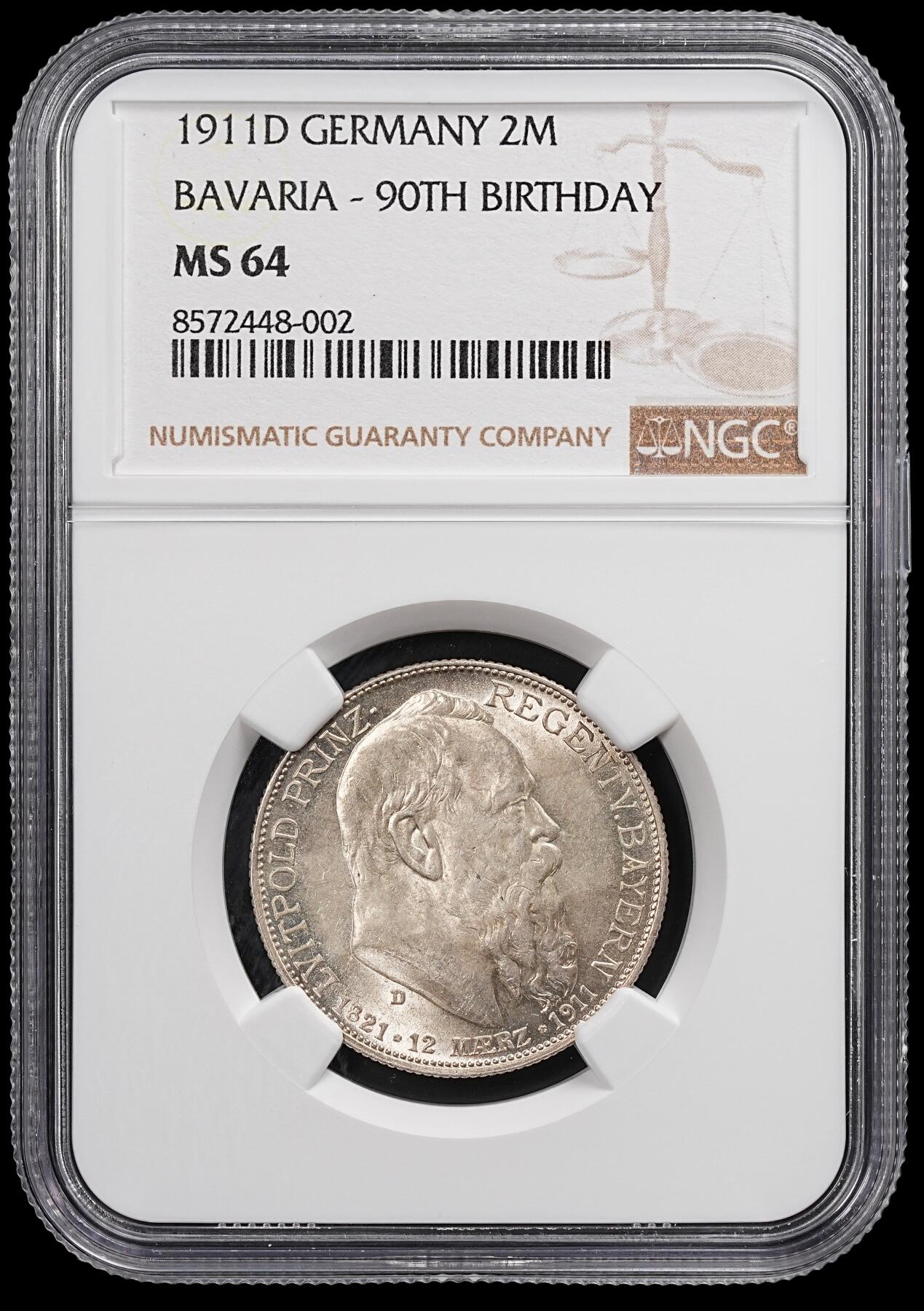 修遠堂世界钱币第八十七期 NGC MS64 1911年巴伐利亚摄政王90大寿纪念2马克银币