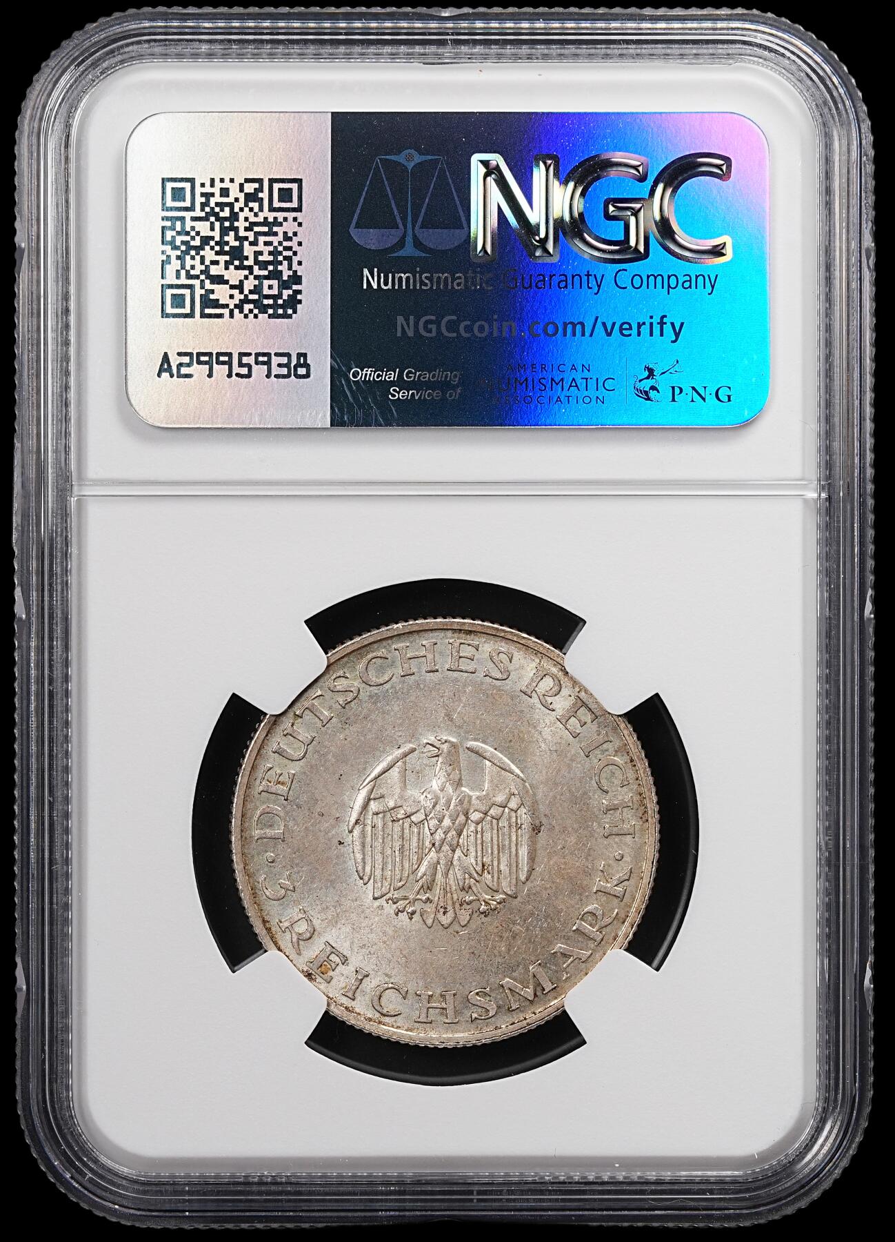 修遠堂世界钱币第八十七期 NGC MS62 1929年德国魏玛共和国-莱辛诞辰200周年纪念3马克银币 F厂铭 仅铸造4万枚