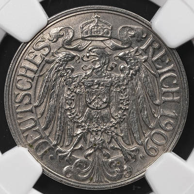 修遠堂世界钱币第八十七期 - NGC MS64 1909年德国25芬尼 少见年份厂铭 仅25万枚铸造量