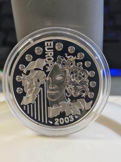 第177期拍卖【长期征集拍品】 - 法国2003年纪念欧元发行精制币带证书，900银，22.2克，有氧化