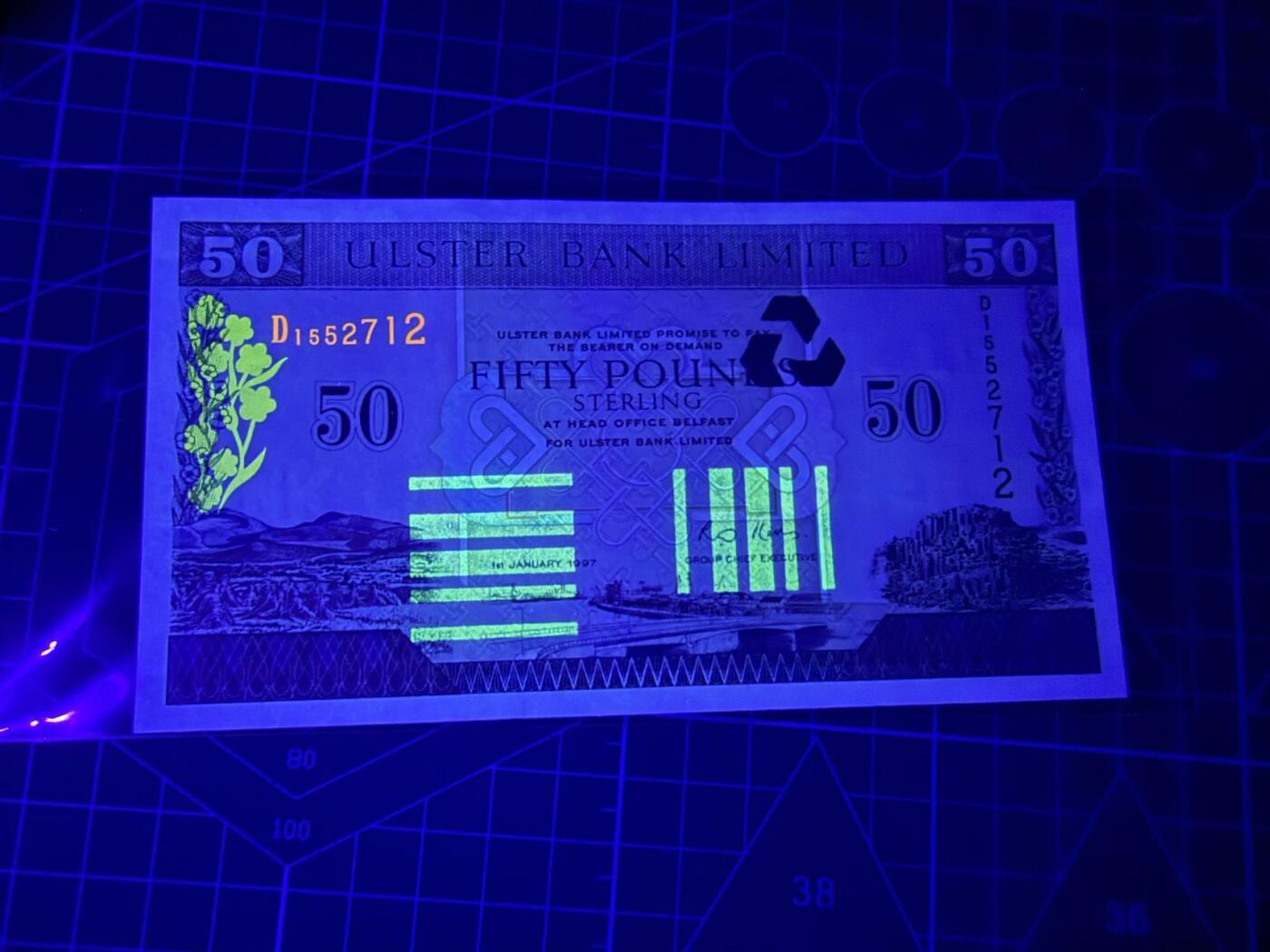 【炜奕收藏】，第四十六期 1997年北爱尔兰阿尔斯特银行50镑，UNC品相，号码无4