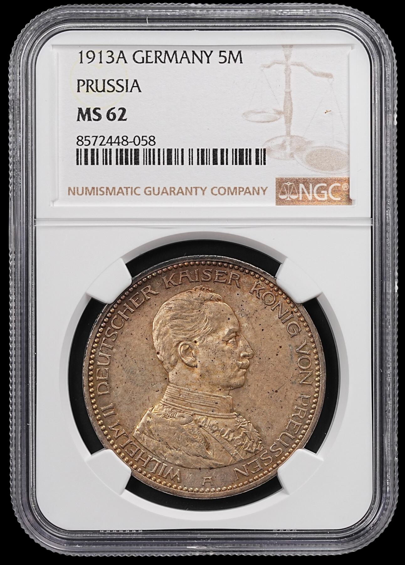 修遠堂世界钱币第八十七期 NGC MS62 1913年普鲁士军装5马克大银币 重包浆
