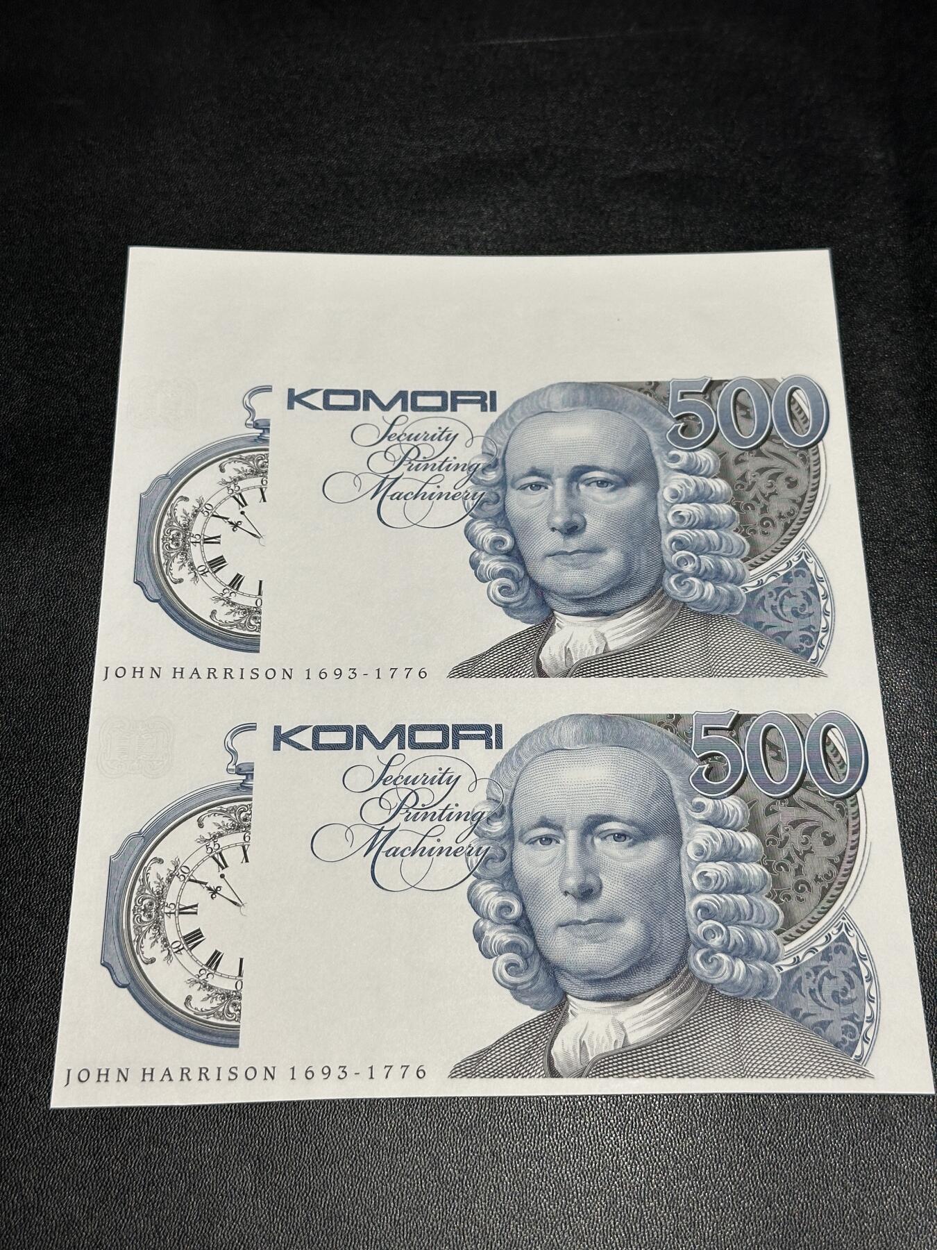 《外钞收藏家》第五百七十二期（畅拍场）（本平台长期征集拍品、欢迎藏友们联系合作） 二连体带边   日本小森komori “约翰哈里森”H4系列500面额单面凹印测试钞 全新