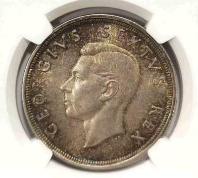 【礼羽收藏】🌏世界钱币拍卖第105期 - 1948年南非乔治六世跳羚羊版5先令银币高银版NGC-MS62，原汁原味五彩老包浆，极美爆彩，打制精美，状态极佳。