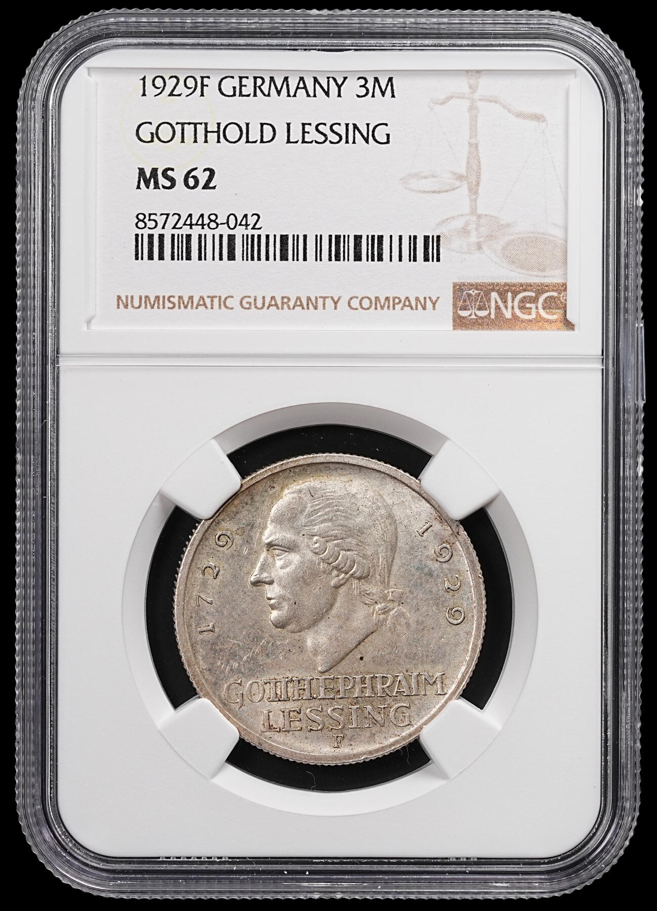 修遠堂世界钱币第八十七期 NGC MS62 1929年德国魏玛共和国-莱辛诞辰200周年纪念3马克银币 F厂铭 仅铸造4万枚