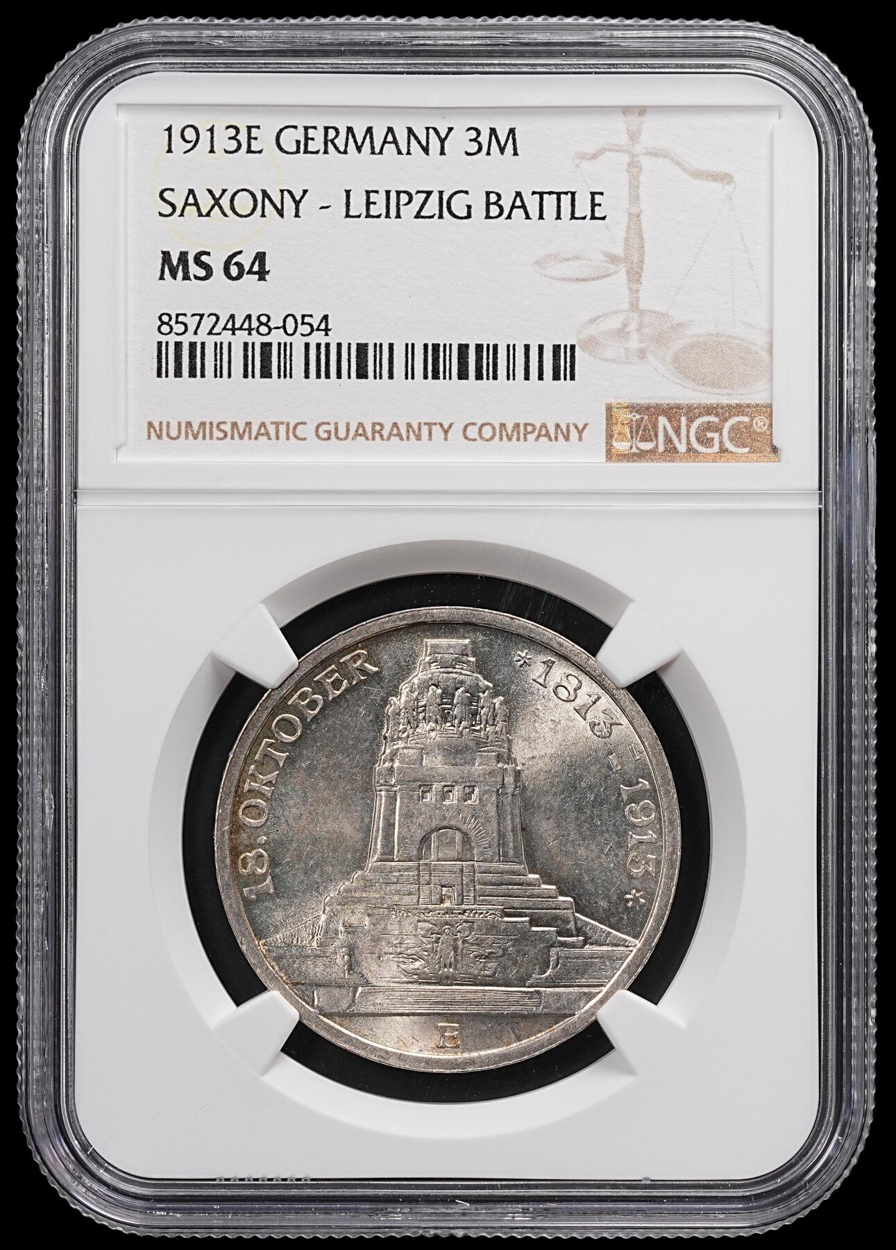 修遠堂世界钱币第八十七期 NGC MS64 1913年萨克森-莱比锡战役百年纪念3马克银币 环彩