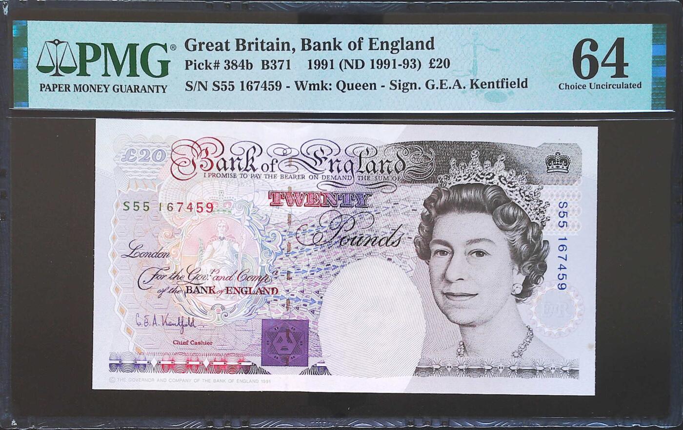 世界靓号纸钞第七十五期 1991年英国英格兰银行20镑 PMG64