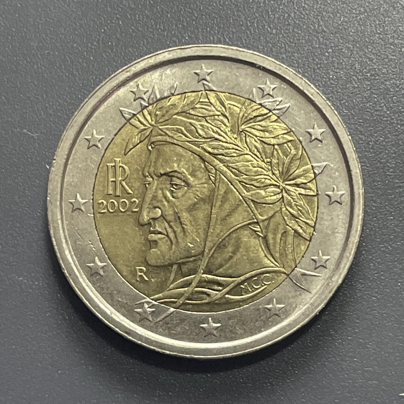 回流1001-2 意大利2002年2欧元双金属纪念币 画家拉斐尔画的丹蒂侧面肖像