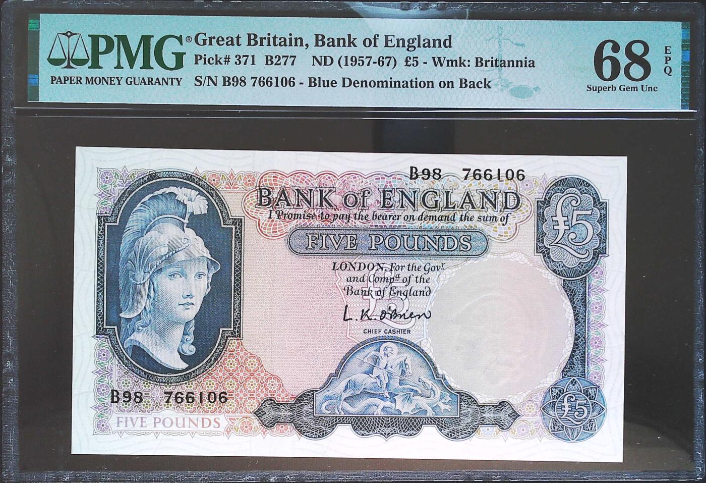 世界靓号纸钞第七十五期 1957年英国英格兰银行5镑 全程无4 PMG68 超高分 冠军分