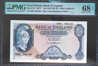 世界靓号纸钞第七十五期 - 1957年英国英格兰银行5镑 全程无4 PMG68 超高分 冠军分