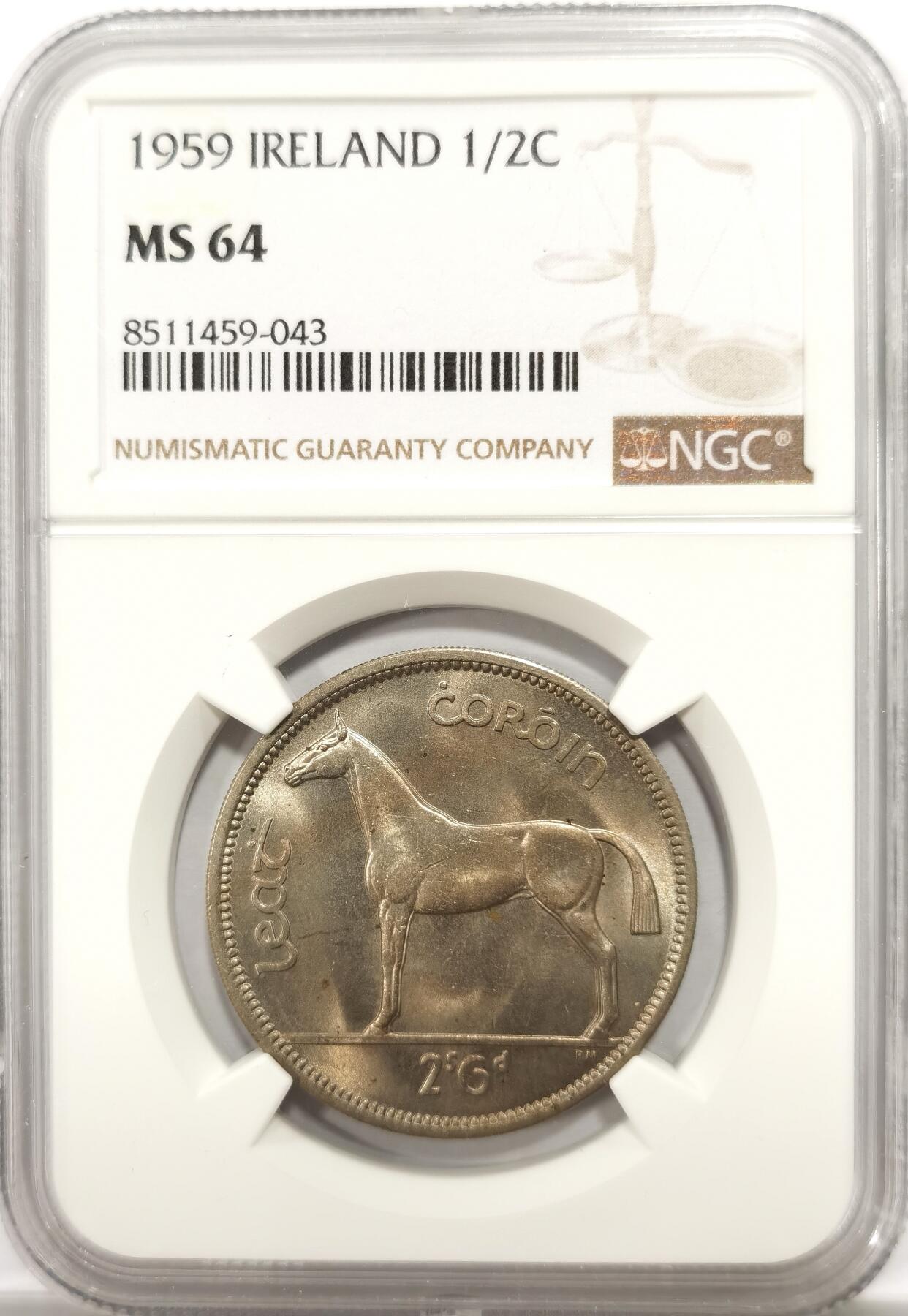 博洋堂世界钱币拍卖第142期（全场包邮） NGC MS64 爱尔兰1959年骡币2先令6便士半克朗