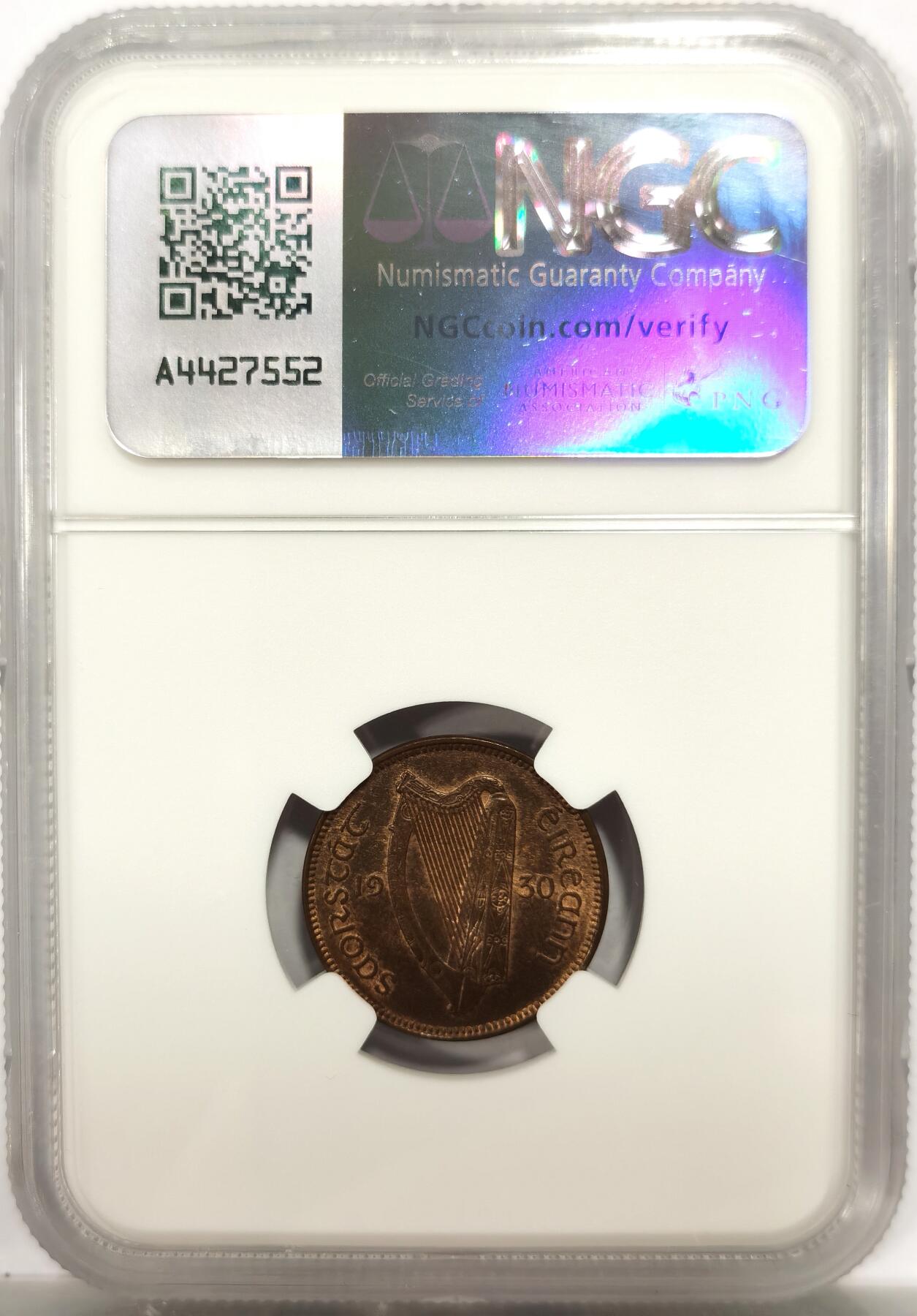 博洋堂世界钱币拍卖第142期（全场包邮） NGC MS63BN 爱尔兰1930年1/4便士