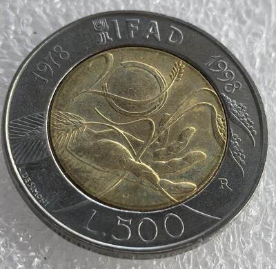 外国优质纪念币邮币封银币，周日晚上九点倒数截拍，满百包邮，可寄存半年，喜欢朋友微信扫描二维码可直接参拍 - 意大利1998年FAO500里拉纪念币双色币