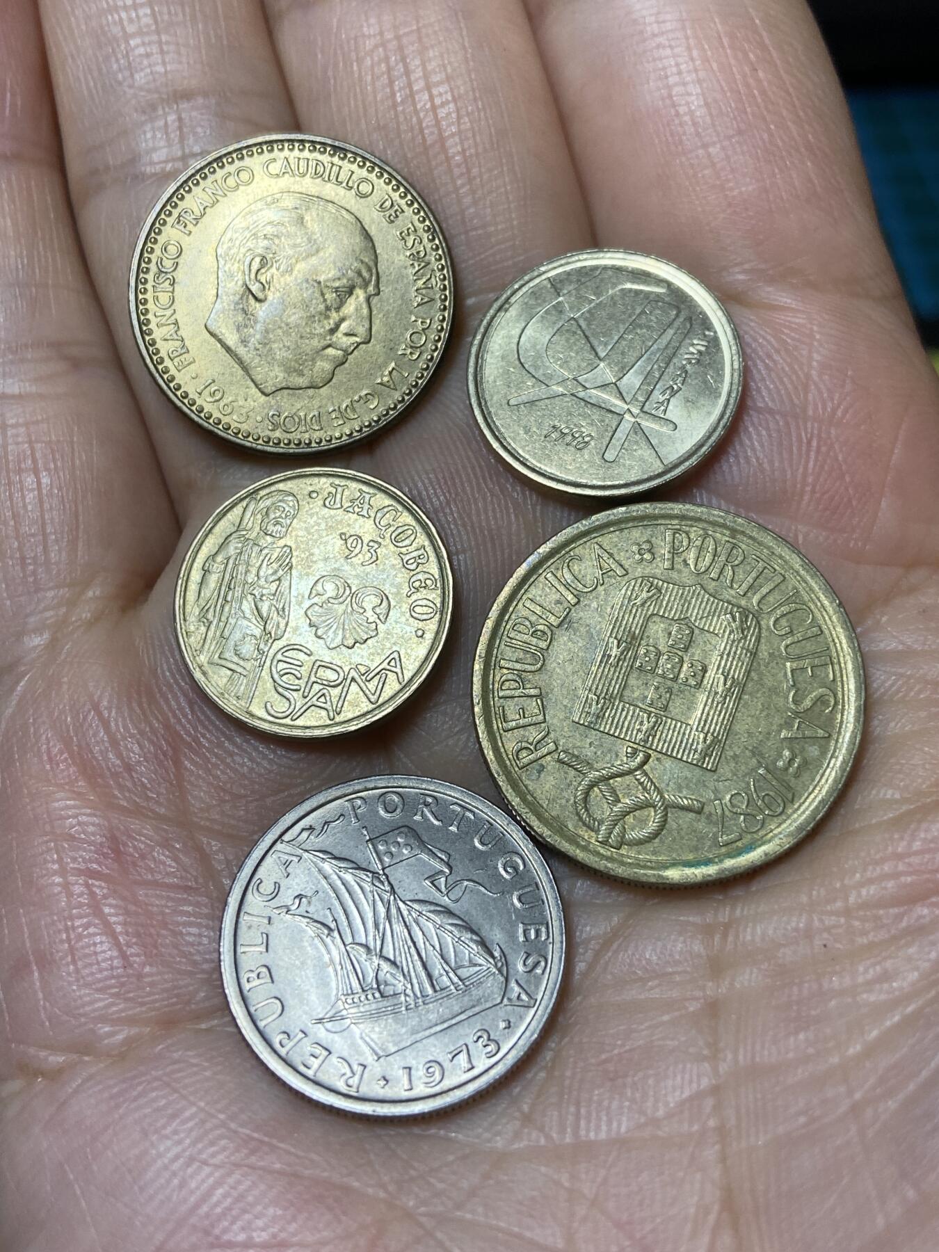 2025年第一百零一场(总第一百二十七场）外国好品散币(免佣金) 散币5枚：西班牙🇪🇸1963年1比塞塔，1998年5比塞塔，1993年5比塞塔，葡萄牙🇵🇹1973年2. 5埃斯库多，1987年10埃斯库多