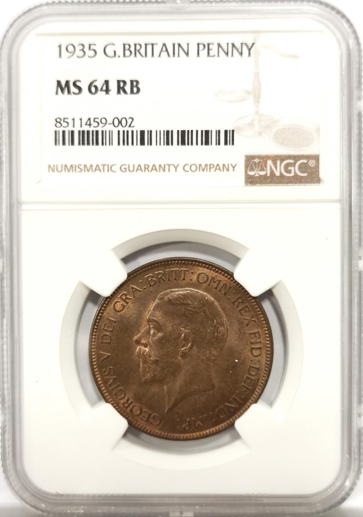 博洋堂世界钱币拍卖第142期（全场包邮） NGC MS64RB 英国1935年乔治五世1便士铜币