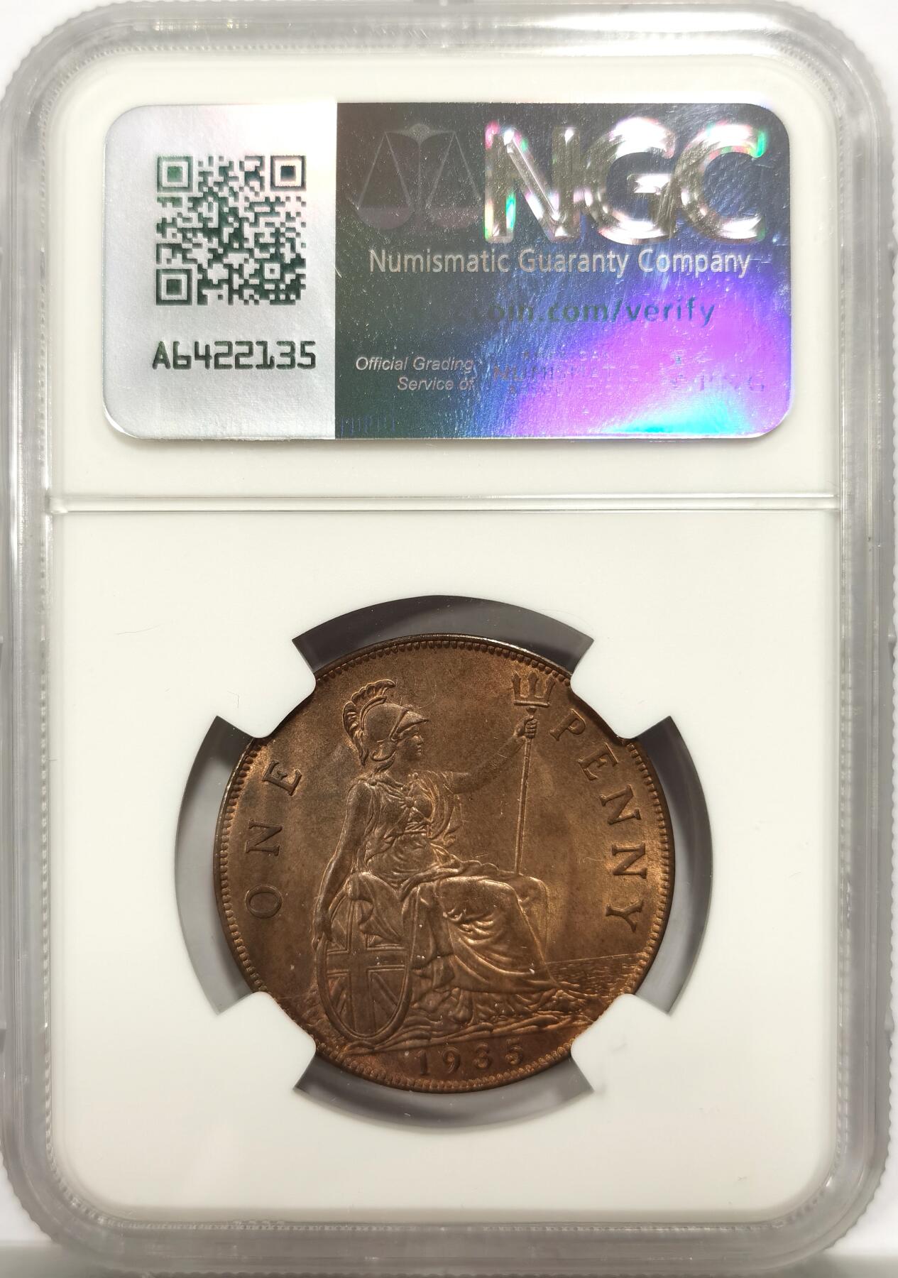 博洋堂世界钱币拍卖第142期（全场包邮） NGC MS64RB 英国1935年乔治五世1便士铜币
