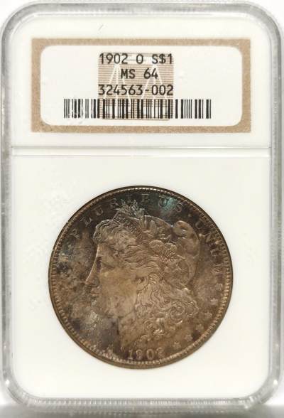 博洋堂世界钱币拍卖第142期（全场包邮） - NGC MS64 美国1902年摩根银币O版，原汁原味双面五彩老包浆，包浆醇厚润泽又犀利，状态一流。老白盒严评，状态和品质不输现在的65分。