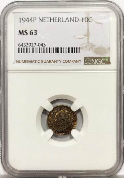 博洋堂世界钱币拍卖第142期（全场包邮） - NGC MS63 荷兰1944年威廉明娜女王10分银币