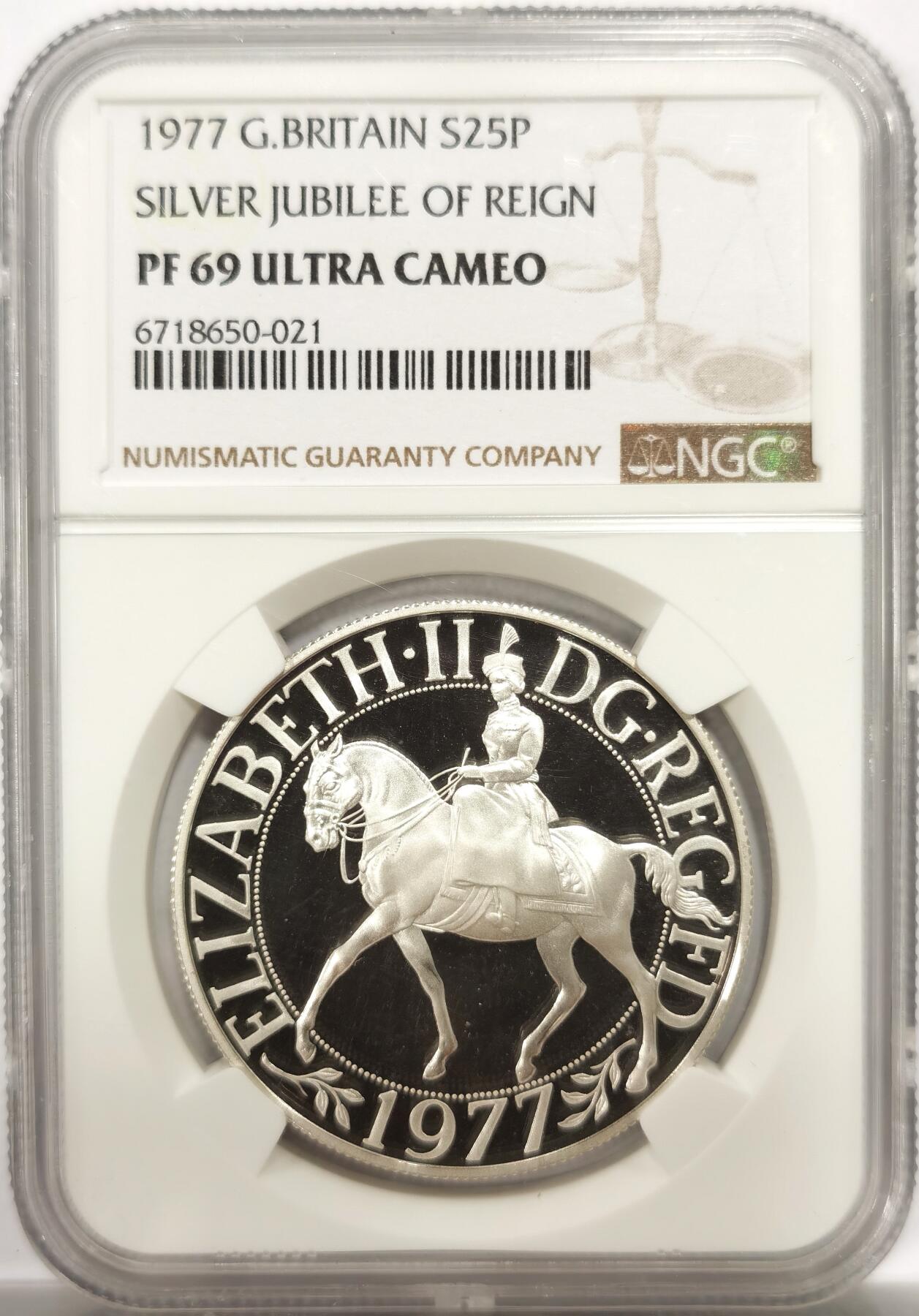 博洋堂世界钱币拍卖第142期（全场包邮） NGC PF69UC 英国1977年伊丽莎白女王登基25周年原盒