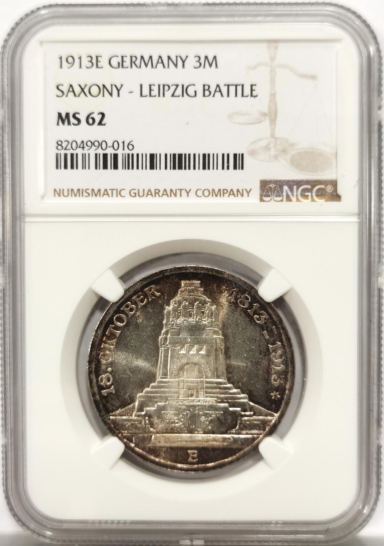 博洋堂世界钱币拍卖第142期（全场包邮） NGC MS62 德国1913年莱比锡建功碑3马克纪念银币，原汁原味老包浆，包浆醇厚，类PL镜面，状态极佳，略为低估，状态和品质绝对不输MS63。