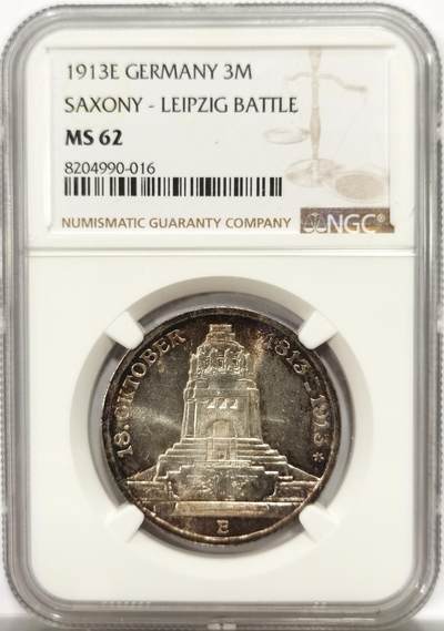 博洋堂世界钱币拍卖第142期（全场包邮） - NGC MS62 德国1913年莱比锡建功碑3马克纪念银币，原汁原味老包浆，包浆醇厚，类PL镜面，状态极佳，略为低估，状态和品质绝对不输MS63。