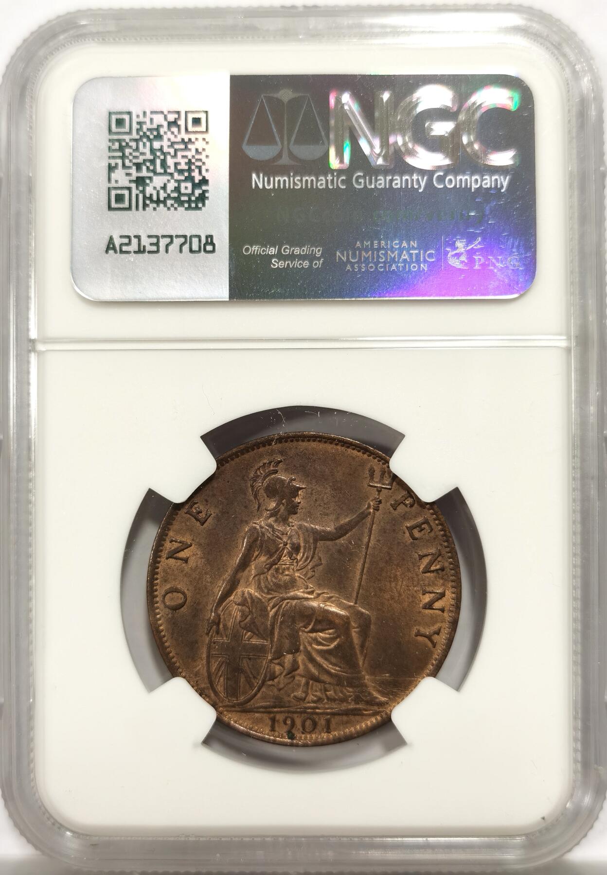 博洋堂世界钱币拍卖第142期（全场包邮） NGC MS63BN 英国1901年维多利亚批纱版1便士铜币