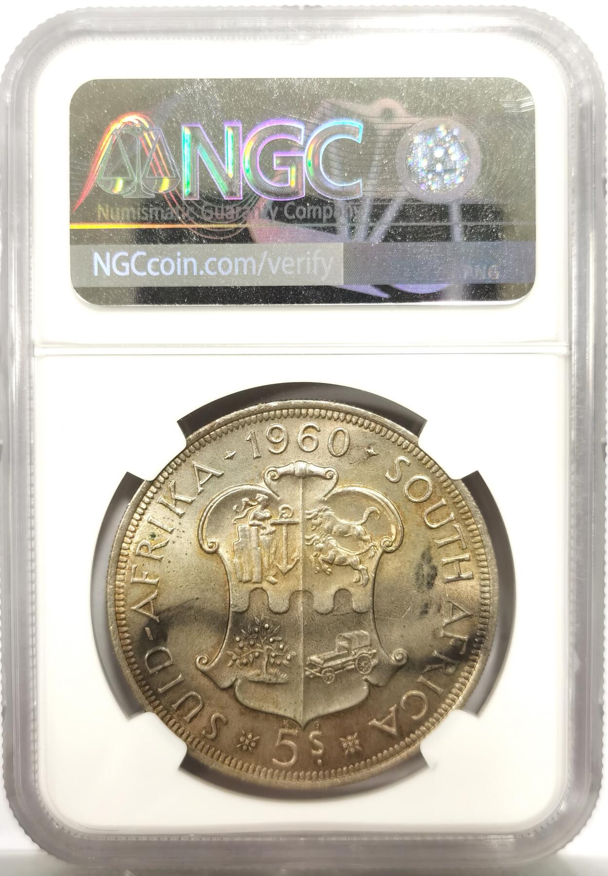 博洋堂世界钱币拍卖第142期（全场包邮） NGC MS63 南非1960年南非联盟成立50周年纪念5先令