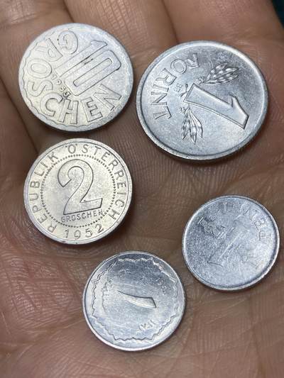 2025年第一百零一场(总第一百二十七场）外国好品散币(免佣金) - 好品铝币5枚：匈牙利🇭🇺1989年1福林，奥地利🇦🇹1953年10格罗申，1952年2格罗申，芬兰🇫🇮1970年1盆尼，阿尔及利亚1964年1分