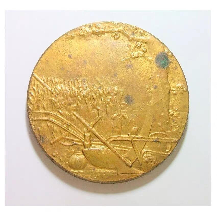 法国1900年前后 农业丰收高浮雕精制大镀金章 50MM