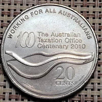 布加迪🐬～世界钱币(上海)🌾第 247 期 /  各国套币和散币 - 澳大利亚🇦🇺 2010年 20分 28.5mm 澳洲税务局成立百年