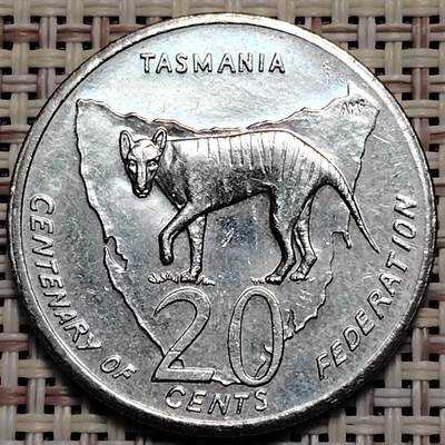 布加迪🐬～世界钱币(上海)🌾第 247 期 /  各国套币和散币 - 澳大利亚🇦🇺 2001年 20分 28.5mm 塔斯马尼亚联邦成立百年