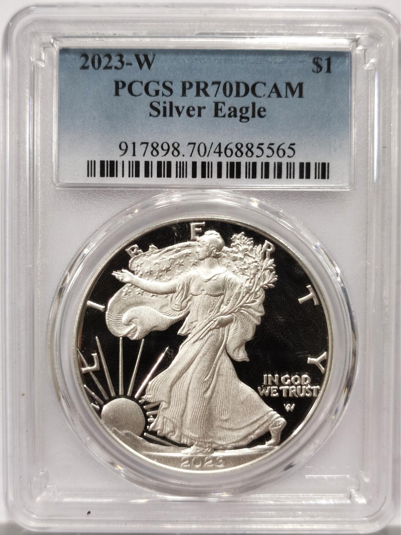 博洋堂世界钱币拍卖第142期（全场包邮） PCGS PR70DCAM 美国2023年鹰洋自由行走女神扬翅鹰1美元精制银币，PROOF精制币，币面清爽干净又漂亮，打制精美，状态一流，冠军分。