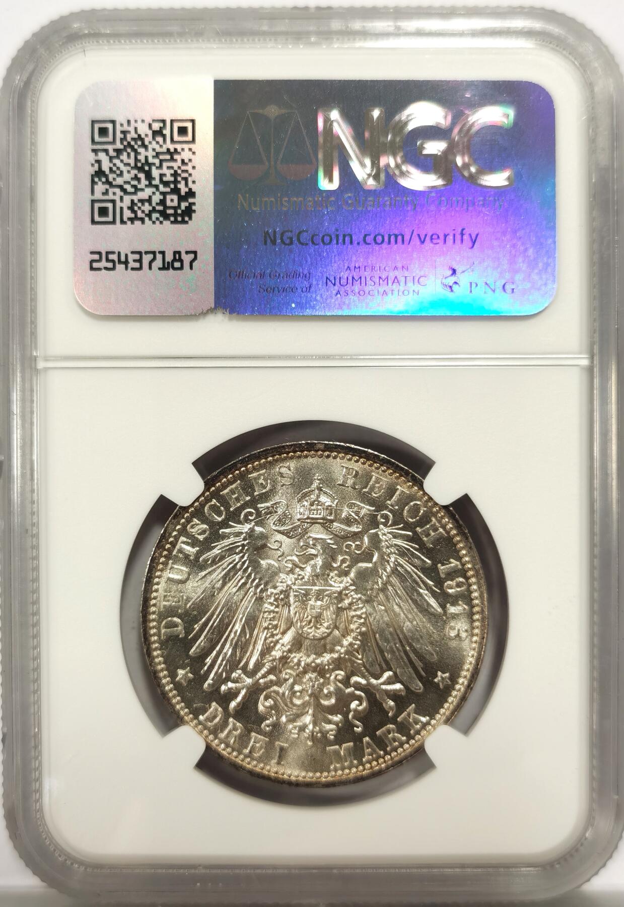 博洋堂世界钱币拍卖第142期（全场包邮） NGC MS62 德国1913年莱比锡建功碑3马克纪念银币，原汁原味老包浆，包浆醇厚，类PL镜面，状态极佳，略为低估，状态和品质绝对不输MS63。