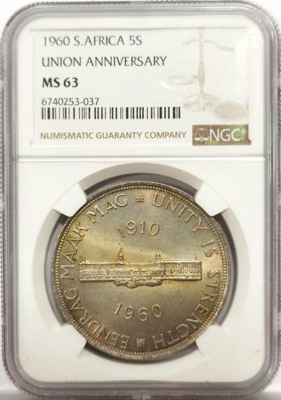 博洋堂世界钱币拍卖第142期（全场包邮） - NGC MS63 南非1960年南非联盟成立50周年纪念5先令