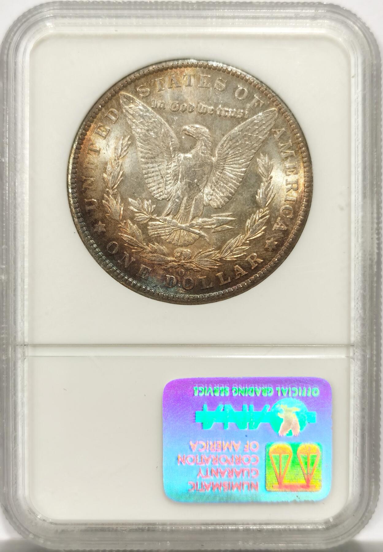 博洋堂世界钱币拍卖第142期（全场包邮） NGC MS64 美国1902年摩根银币O版，原汁原味双面五彩老包浆，包浆醇厚润泽又犀利，状态一流。老白盒严评，状态和品质不输现在的65分。