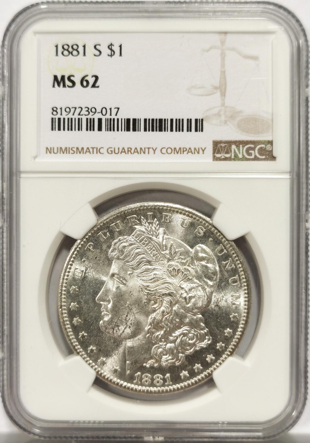 博洋堂世界钱币拍卖第142期（全场包邮） NGC MS62 美国1881年摩根S版银币